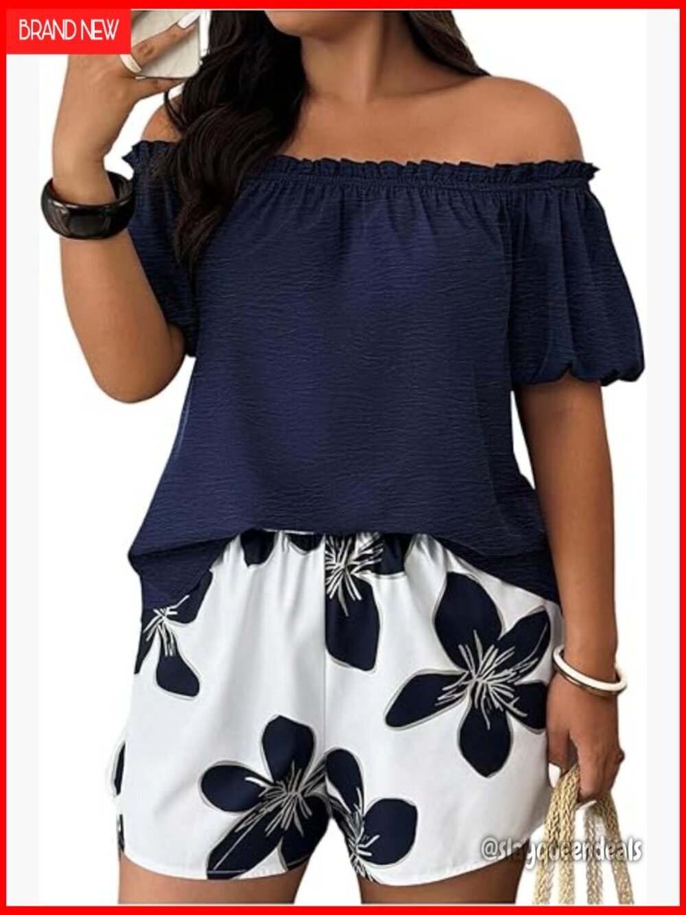 Plus Size Off Shoulder Top Floral Shorts Set Boho 2 Piece Outfit